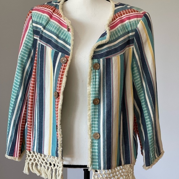 Multiples striped tassel fringe bohemian look open front jacket in a size large - Picture 11 of 16